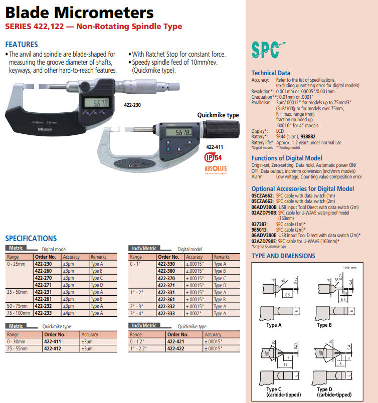 Absolute Digital Blade Micrometer QuickMike IP65 0-30mm 422-411-20