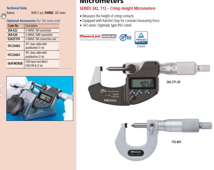 Digital Crimp Height Micrometer IP65 Inch/Metric, 0-20.32mm/0-0.8" 342-371-30