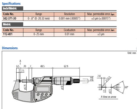 Digital Crimp Height Micrometer IP65 Inch/Metric, 0-20.32mm/0-0.8" 342-371-30