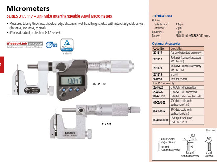 Digital Interchangeable Anvil Micrometer Inch/Metric, 0-25mm/0-1", IP65 317-351-30