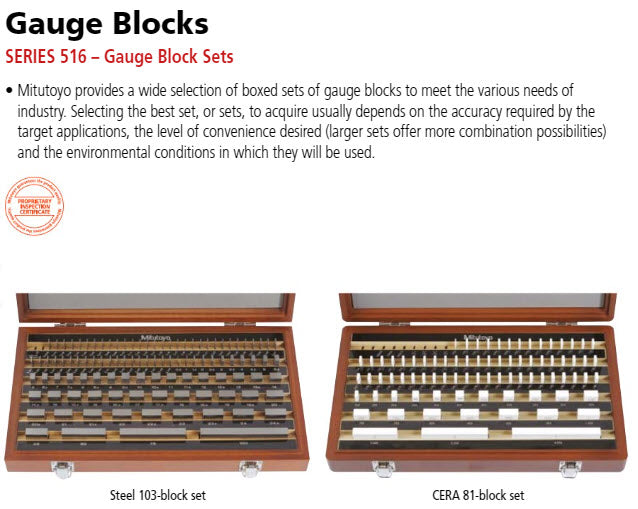 Mitutoyo 516-968-10 Metric 1mm Base Steel Gauge Block Sets 32 Piece Grade 2