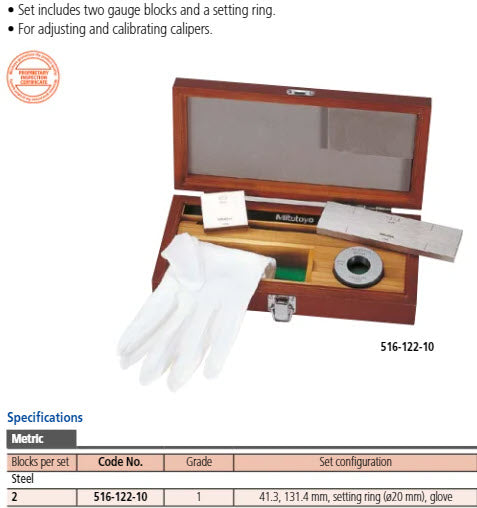 Mitutoyo 516-122-10 Caliper Check Set Consisting 41.3mm, 131.4mm Gauge blocks and 20mm ring Gauge Grade 1