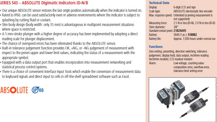 Digital Indicator ID-N, IP66, ANSI/AGD 12.7mm/.5" .001mm/.00005" 543-576