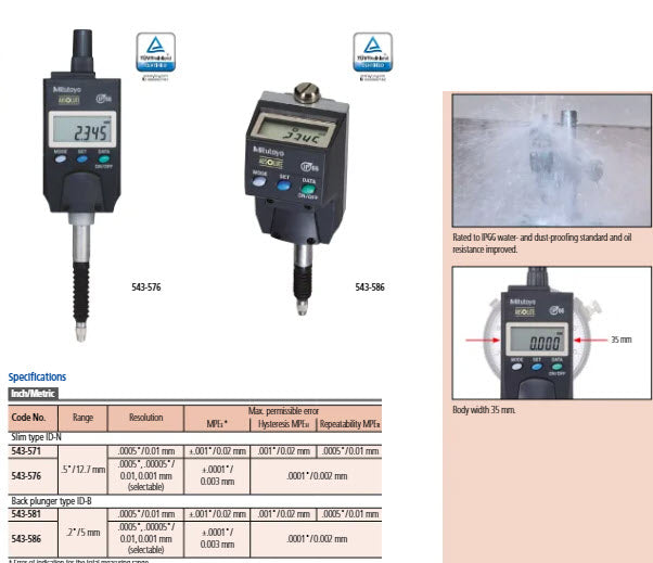 Digital Indicator ID-B, IP66, ANSI/AGD Back Plunger 5mm/.2"mm Resolution .01mm/.0005"