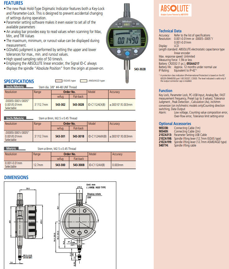 Digital Indicator, Peak Hold ID-C Inch/Metric, 0,5", 0,00005", Flat Back Plate 543-301B-10