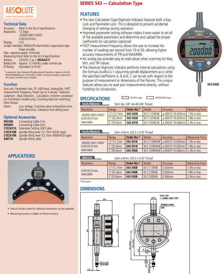 Digital Indicator, Calculation ID-C 0.5"/12.7 mm 543-341B-10