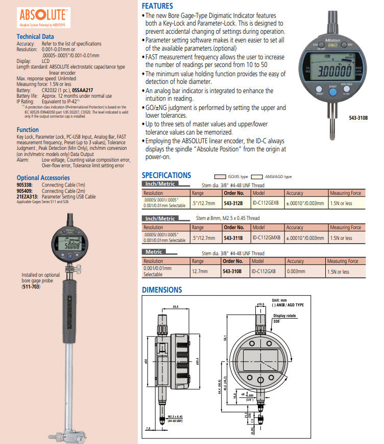 Digital Indicator, Bore Gauge ID-C , 12.5/.5" Resolution 0.00005"/0.0001"/0.0005"/0.001 mm/0.01 mm 543-311B-10