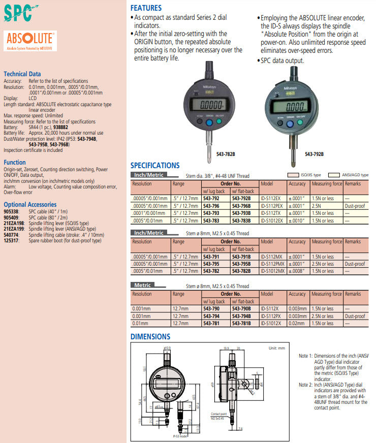 Digital Indicator ID-S Inch/Metric, 0,5", 0,0005", Flat Back Plate 543-782