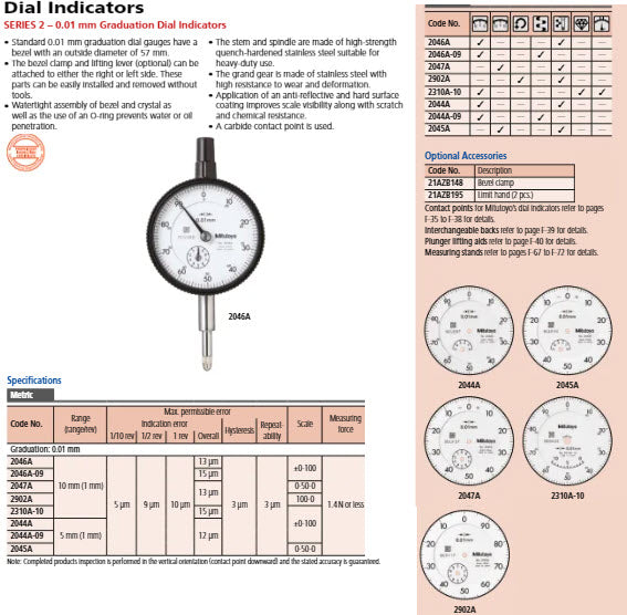 Mitutoyo Standard Indicator, Lug Back, ISO Type, 10mm, 0,01mm 2046A