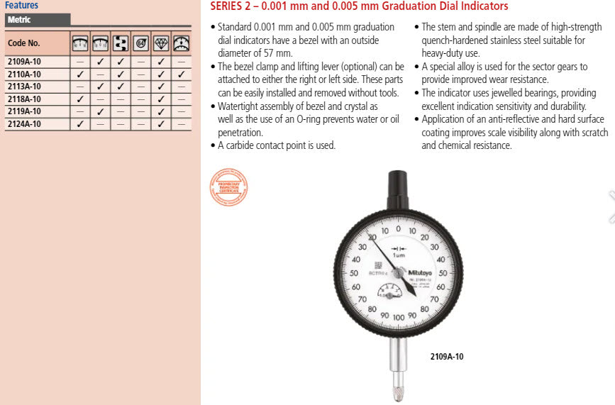 Dial Gauge, Flat Back, ISO Type Jewelled Bearing, Shockproof, 2mm, 0,001mm 2113AB-10