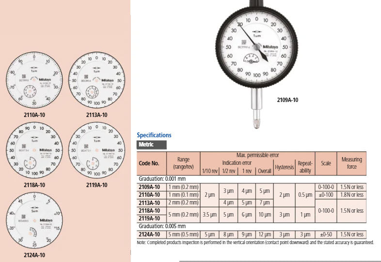 Dial Gauge, Flat Back, ISO Type Jewelled Bearing, Shockproof, 2mm, 0,001mm 2113AB-10