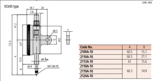 Dial Gauge, Lug Back, ISO Type Jewelled Bearing, Shockproof, 1mm, 0,001mm 2109A-10