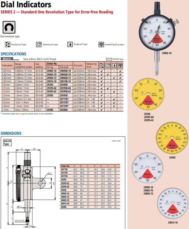 Dial Gauge, Lug Back, ISO Type One Revolution, Shockproof, 0,8mm, 0,01mm 2929S