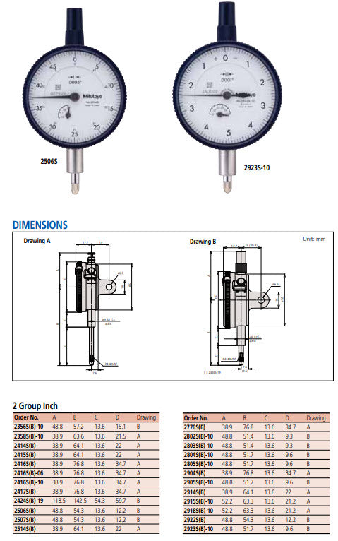 Dial Gauge, Lug Back, ANSI/AGD Type 3803S-10 Grad .0001" Range .02" Reading 0-5-0