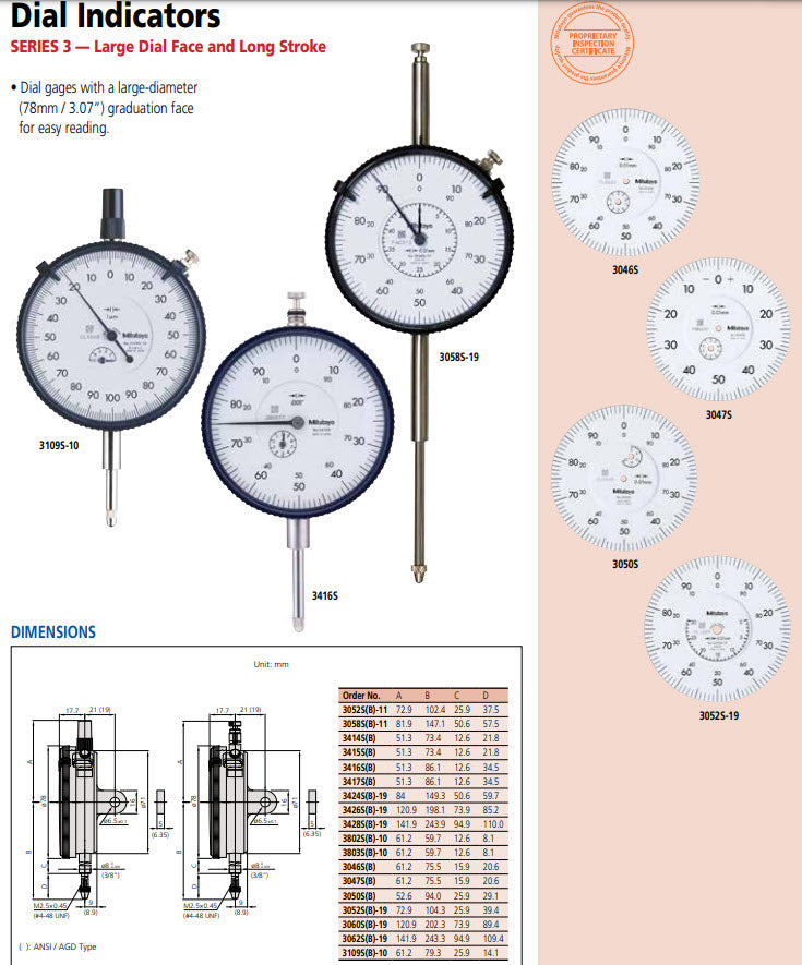 Dial Gauge, Lug Back, ISO Type Jewelled Bearing, Shockproof, 50mm, 0,01mm 3058S-19