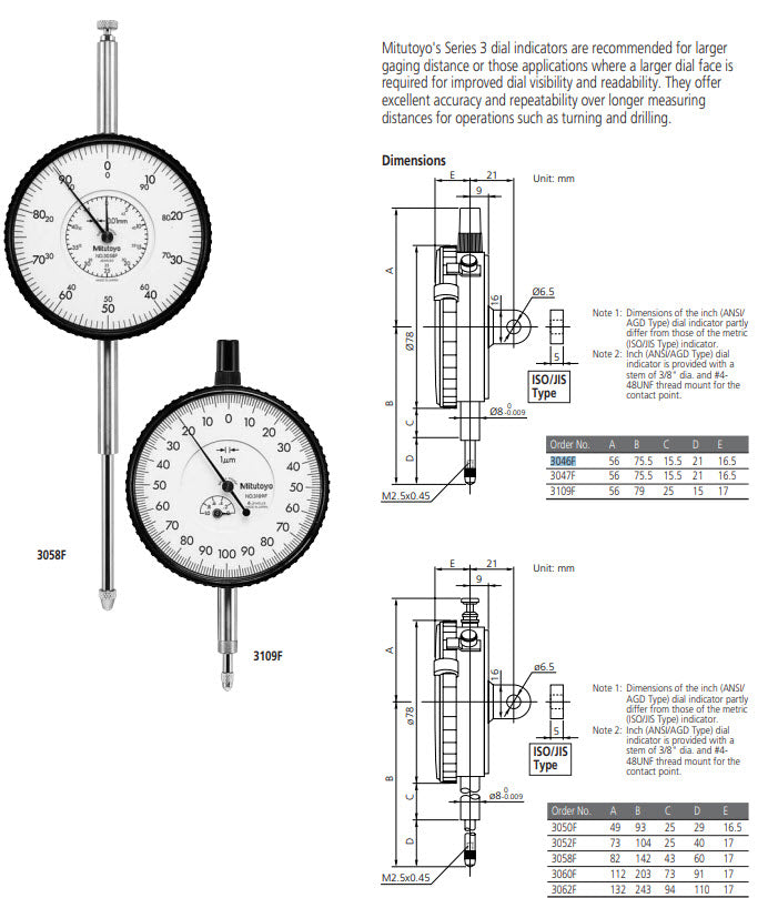 Dial Gauge, Lug Back, ISO Type 10mm, 0,01mm 3046F Scale ±0-100