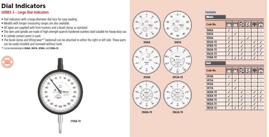 Dial Gauge, Flat Back, ISO Type Jewelled Bearing, Shockproof, 100mm, 0,01mm 3062AB-19