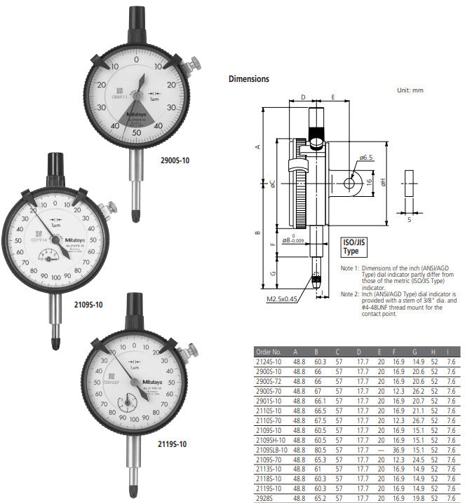 Dial Gauge, Lug Back, ISO Type Jewelled Bearing, 5mm, 0,001mm 2119S-10 3/8"stem