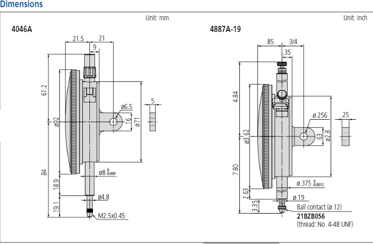 Dial Gauge, Flat Back, ANSI/AGD Type Jewelled Bearing, Shockproof, 3", 0,001" 4887AB-19 Face 3.62"