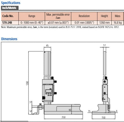 Digital ABS Height Gauge 0-40"/1000mm, Inch/Metric 570-248