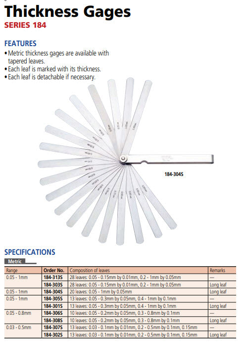 Thickness/Feeler Gauge 0,05-1mm, 20 Leaves, 150mm Blade 184-304S