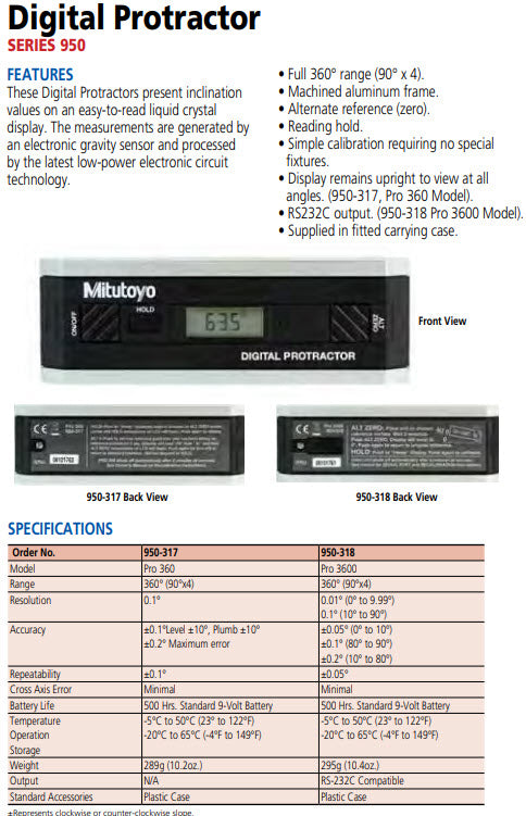 Mitutoyo 950-318 Digital Precision Level 360° Protractor  Model Pro 3600