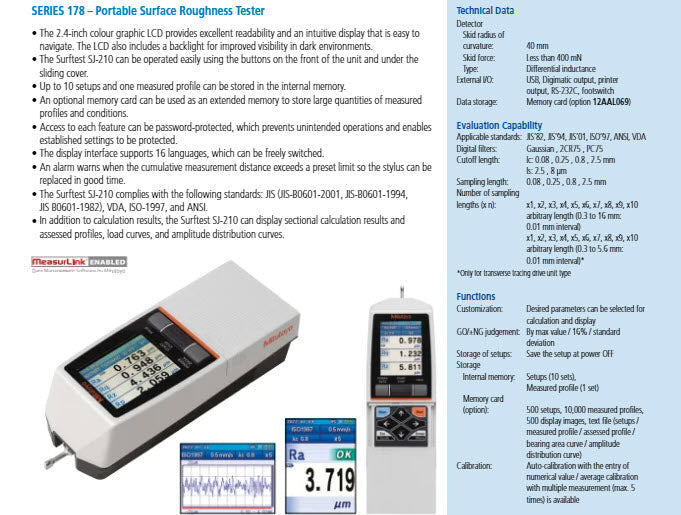 Mitutoyo 178-561-12E Surftest SJ-210 Surface Roughness Tester [inch/mm] R5µm; 4Nm Range 16mm