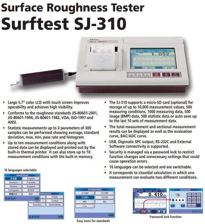 Mitutoyo Surftest 178-571-12E Series SJ-310 Portable Surface Roughness Tester, Detector 4 mN taper angle 70 degree Radius .005mm