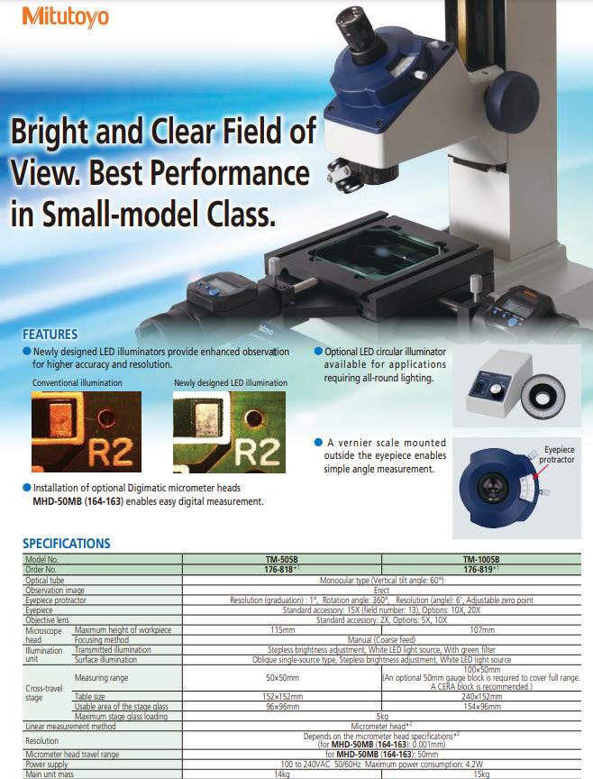 Mitutoyo 176-819E Series 176 TM-Series TM-1005B Toolmakers Microscopes Range 4 x 2" / 100 x 50mm