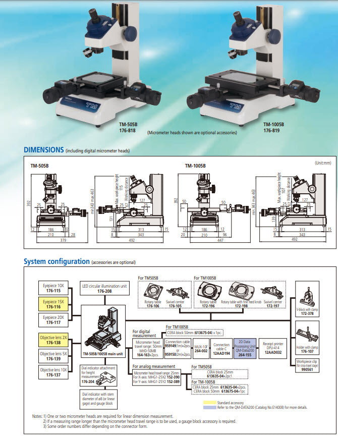 Mitutoyo 176-819E Series 176 TM-Series TM-1005B Toolmakers Microscopes Range 4 x 2" / 100 x 50mm