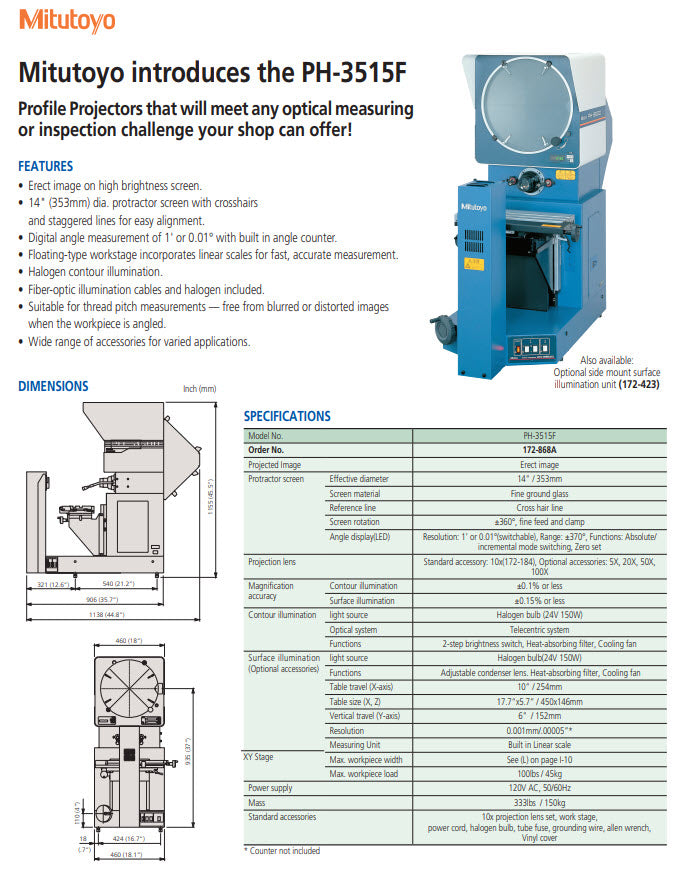 Mitutoyo 172-868-12 Measuring Projector PH-3515F X=254 Y= 152 mm