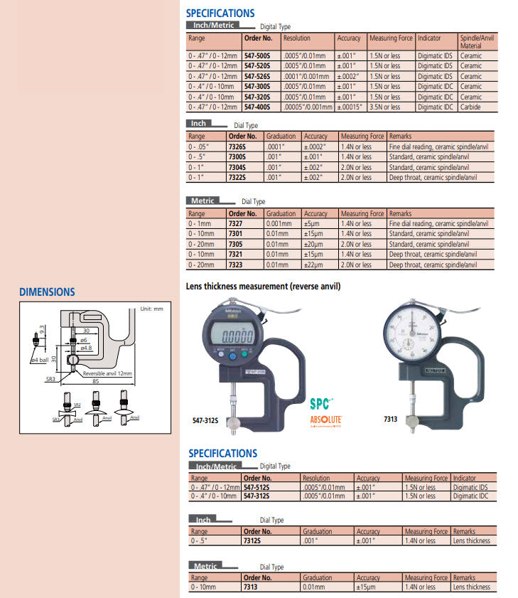 Dial Indicator Thickness Gauge 0-0,5", 0,001", Standard, Ceramic Contact Elements 7300A Throat Depth 1.2"