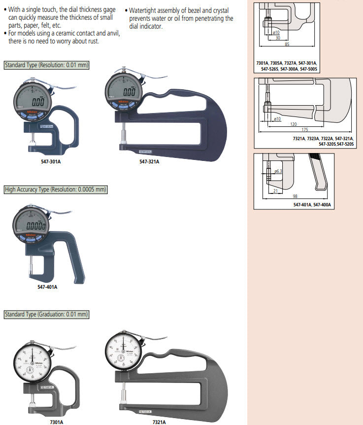 Dial Indicator Thickness Gauge, 120mm Throat, 0-10mm 7321A