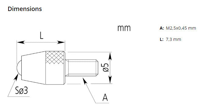 Mitutoyo 21JAA225 Carbide Metric M2.5×0.45 Contact Element Ball Point 14mm Length Ø3mm