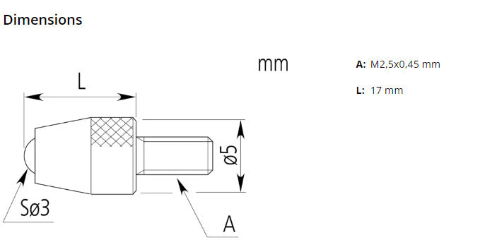 Mitutoyo 21JAA224 Carbide Metric M2.5×0.45 Contact Element Ball Point 17mm Length Ø3mm