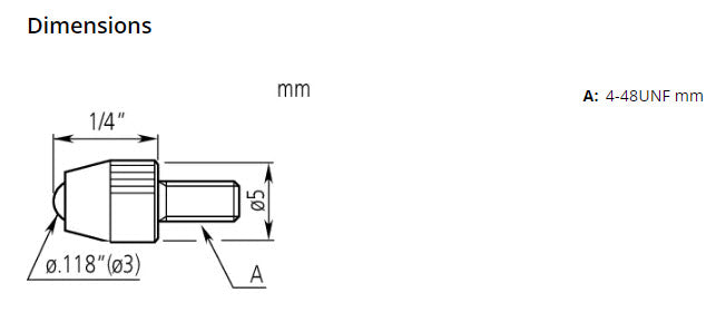 Mitutoyo 21BZB005 Carbide Inch 4 x 48UNF Contact Element Ball Point 1/4" Length Ø.118"