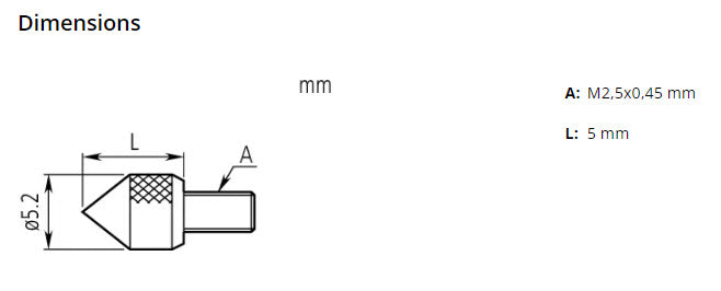 Mitutoyo 101385 Steel Metric M2.5 x .45 Conical Contact Element 5mm Length 90°