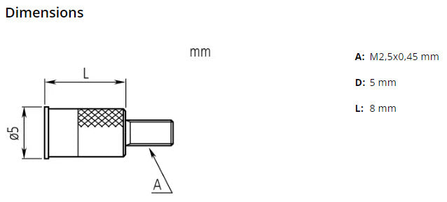 Mitutoyo 21AAA340  Flat Contact Point, M2.5x0.45,  Flat 5mm diameter x 10mm