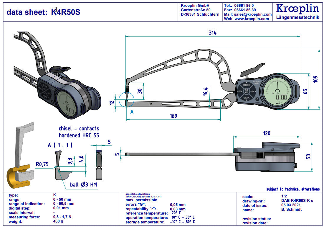 Digital Tube Wall Caliper Gauge 0-50mm, 0.001mm K4R50S