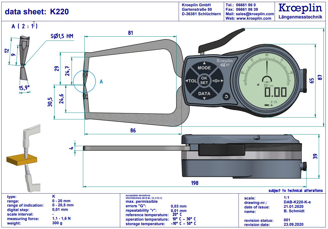 Digital External Caliper Gauge 0-20mm, 0.001mm K220