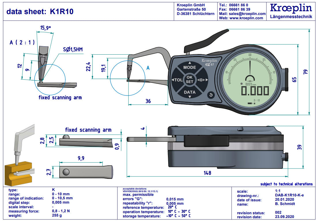 Kroeplin Digital Tube Wall Caliper Gauge 0-20mm, 0.001mm K2R20