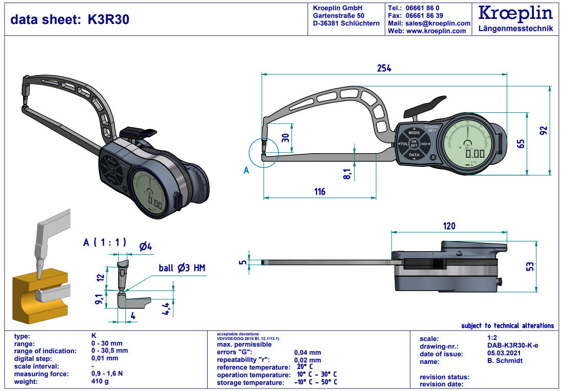 Digital Tube Wall Caliper Gauge 0-30mm, 0.001mm K3R30