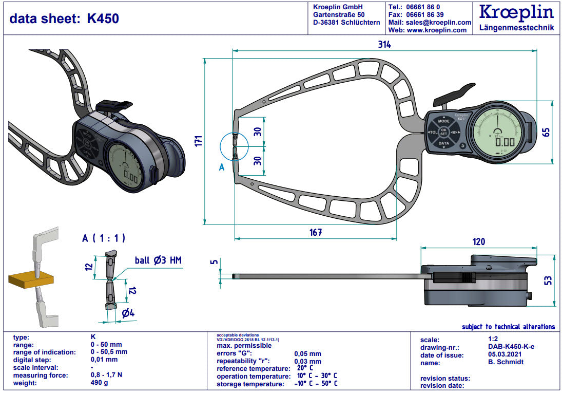 Digital External Caliper Gauge 0-50mm, 0.001mm K450