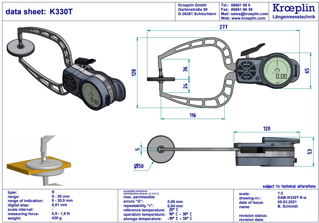 Kroeplin External Digital Caliper Gauge K330T, 0-30mm With Disc 50mm