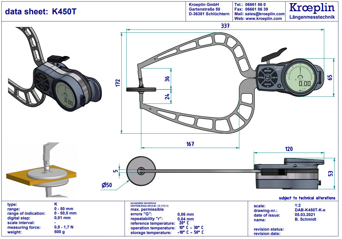 Kroeplin External Digital Caliper Gauge K450T, 0-50mm, 50mm Disc for measuring Foam