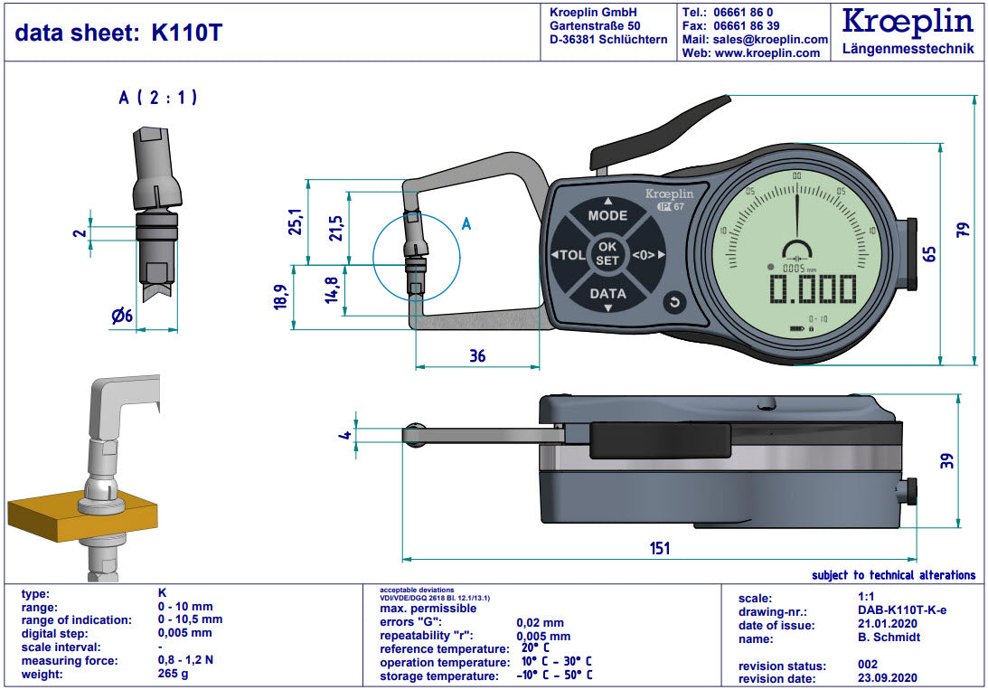 External Digital Caliper Gauge K110T, 0-10mm Disc 6mm