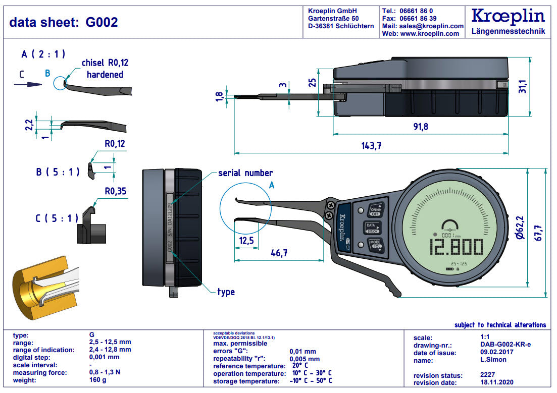 External Digital  groove Caliper Gauge G002 range 2.5-12.5mm/.1-.5"