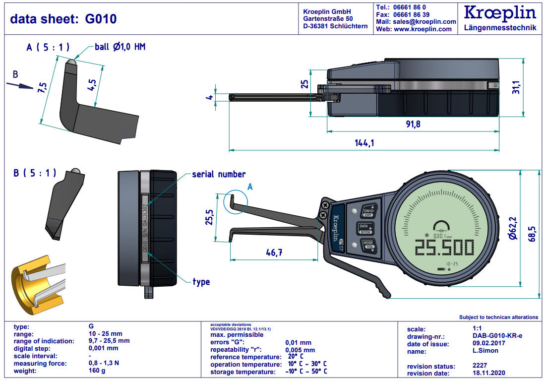 External Digital  groove Caliper Gauge G010 range 10-25mm/.4-1"