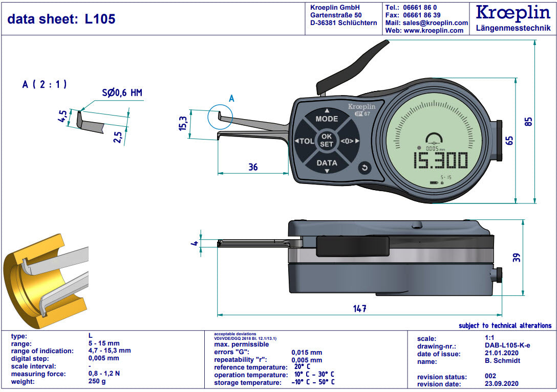 Internal Digital Caliper Gauge L105, 5-15mm/.2-.6"