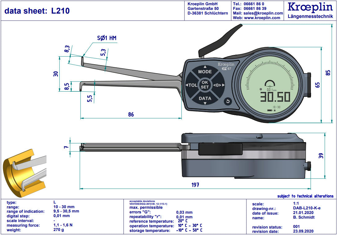 Mitutoyo Internal Digital Caliper Gauge L210, 10-30mm/.4-1.2"